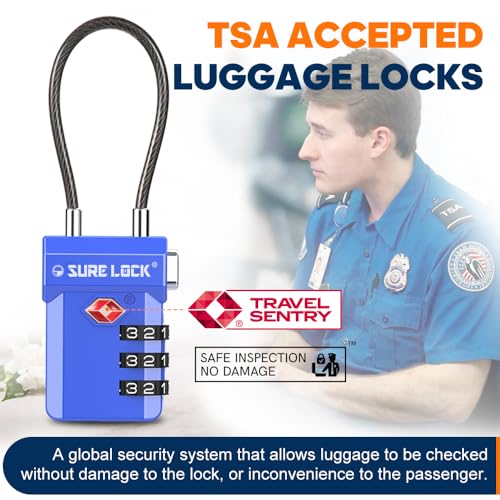 SURE LOCK TSA Approved Luggage Locks with Open Alert Indicator, 3 Digit Combination Cable Travel Lock for Suitcase, Backpack, Gym Locker, Toolbox, Carry On & Travel Bag - color: SKY BLUE 2 PACK