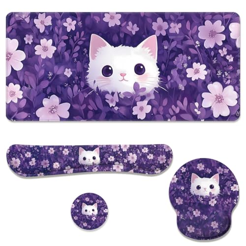 Cute Cat Desk Mat Set Purple Floral Kawaii Cartoon Large Mouse Pad with Wrist Rest 4in1 Desk Mat for Desktop Ergonomic Keyboard Wrist Support Anti-Slip Computer Ergonomic Mouse Pad Home Office Gaming - color: Cute Cat