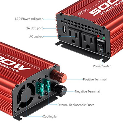 POTEK 500W Car Power Inverter DC 12V to AC 110V with 2AC outlets and 2A USB Port - size: 500W
