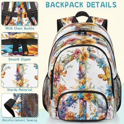 Hippie Flowers Laptop Backpack for Women Men, 18.3 Inch Travel Work Backpacks, Peace Sign Waterproof Computer Casual Daypack Nurse Teacher Bags - color: Multicolor 13