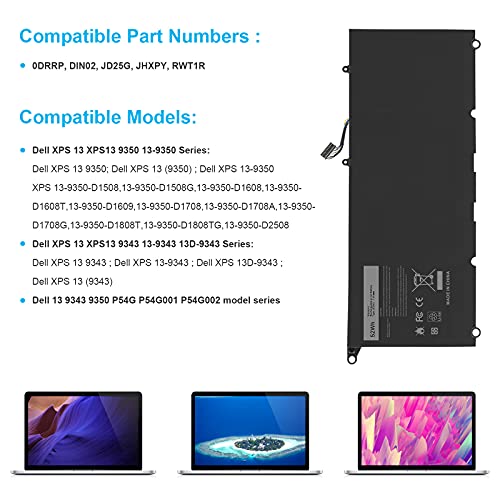 TREE.NB JD25G Laptop Battery for Dell XPS 13 XPS 13 9350 9343 XPS13 13D XPS13D 13-9343 13-9350 13D-9343 13D-9343-1708, 090V7W 0DRRP 0RWT1R RWT1R JHXPY53 05K9CP, 90V7W 0N7T6 P54G 5K9CP JHXPY - size: ‎JD25G