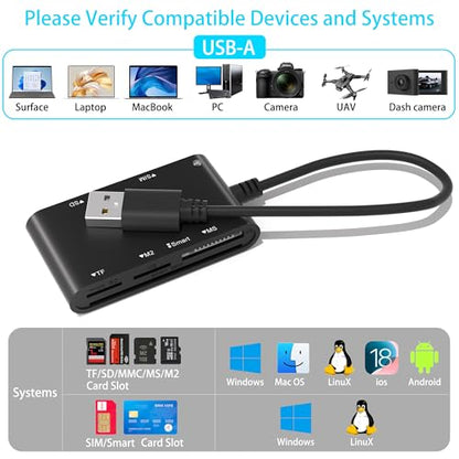 Sim Card Reader CAC Smart Card Reader Military, 6 in 1 DOD Military USB Common Access/SIM/SD/TF/MS/M2/ID/IC Card Adapter, USB A Sim Card Adapter Compatible with Windows, Linux/Unix, MacOS X