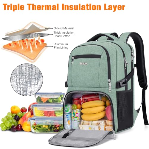 Insulated Lunch Backpack Fit 17" Laptop with Cooler Compartment | 2 In 1 Work Backpack with Lunch Box, Lunch Compartment, Water-Resistant, Lightweight, College Couputer Bag, Men & Women - color: Green