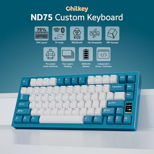 OOCTPK Chilkey ND75 Aluminum Keyboard 75% Percent Wireless Gaming Mechanical Keyboard with LCD Screen, Quick Assembly, BT/2.4G/USB-C, Hot Swappable Per-Key RGB Custom Keyboard for Laptop Office PC - color: Blue, size: 1.2mm PCB Flex Cut