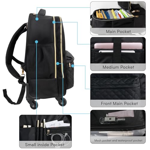 Tilami Rolling Backpack for Women, Carry on Laptop Backpacks with Wheels, 40L Roller Backpack for Travel,Black