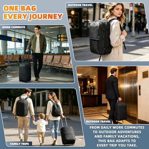 Vacuum Rolling Backpack, 60L Expandable Carry-On with Pump, TSA Lock & USB Port, Water-Resistant Travel Bag with 19" Laptop Compartment for Commute, Outdoor & Family Trips, Men Women