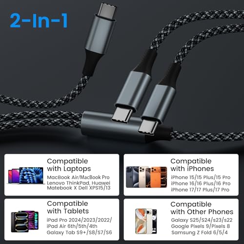 2 in 1 USB C to Dual USB C Charging & Data Cable 5FT 100W Max, 2 in 1 USB C Fast Charging Data Cable for iPhone 17/17Pro Max/16/15 Series, MacBook Air/Pro, iPad, Laptops, Samsung Galaxy Series