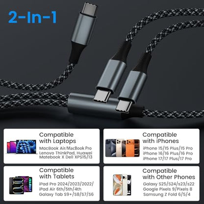2 in 1 USB C to Dual USB C Charging & Data Cable 5FT 100W Max, 2 in 1 USB C Fast Charging Data Cable for iPhone 17/17Pro Max/16/15 Series, MacBook Air/Pro, iPad, Laptops, Samsung Galaxy Series