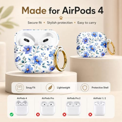 Compatible with AirPod 4 Case 2024, Cute Hard Plastic Protective Cover for Airpod 4th Generation Women, Shockproof Shell Skin with Gold Ring Keychain,Blue Flowers Green Leaf - color: Blue Flowers Green Leaf