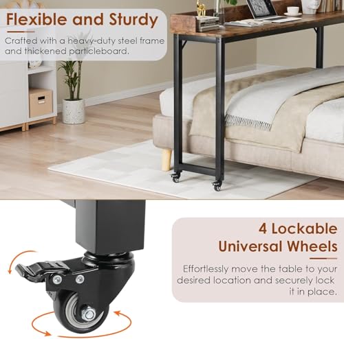 Clevich Overbed Table with Wheels, 16" D x 71" W x 41" H Mobile Bed Desk | Queen Full Size Mobile Computer Desk with eavy Duty Metal Leg, Standing Laptop Cart, for Bedroom, Living Room - color: Brown