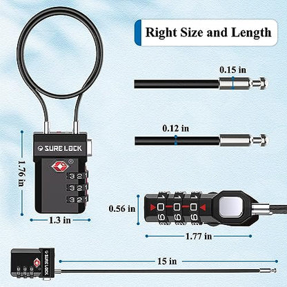 SURE LOCK TSA Approved Luggage Locks with Open Alert Indicator, 3 Digit Combination Cable Travel Lock for Suitcase, Backpack, Gym Locker, Toolbox, Carry On & Travel Bag - color: EXTRA LONG CABLE