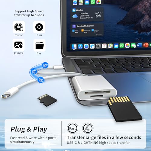 SD Card Reader for iPhone, iPad, Lightning Dual Port SD Card Adapter | USB C and Lightning Dual Port SD Card Adapter, Dual Interface Memory Card Reader, Support SD, Micro SD, USB3.0, Plug and Play - size: USB-C&Lightning