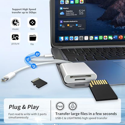 SD Card Reader for iPhone, iPad, Lightning Dual Port SD Card Adapter | USB C and Lightning Dual Port SD Card Adapter, Dual Interface Memory Card Reader, Support SD, Micro SD, USB3.0, Plug and Play - size: USB-C&Lightning