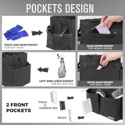 SCAVATA Compact Wearable Cleaning Caddy with Handle & Shoulder Straps | Small Cleaning Supplies Organizer, Under Sink & Car Cleaning Tools Storage Bag for Housekeepers Cleaners, Black - color: Black