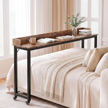 Clevich Overbed Table with Wheels, 16" D x 71" W x 41" H Mobile Bed Desk | Queen Full Size Mobile Computer Desk with eavy Duty Metal Leg, Standing Laptop Cart, for Bedroom, Living Room - color: Brown