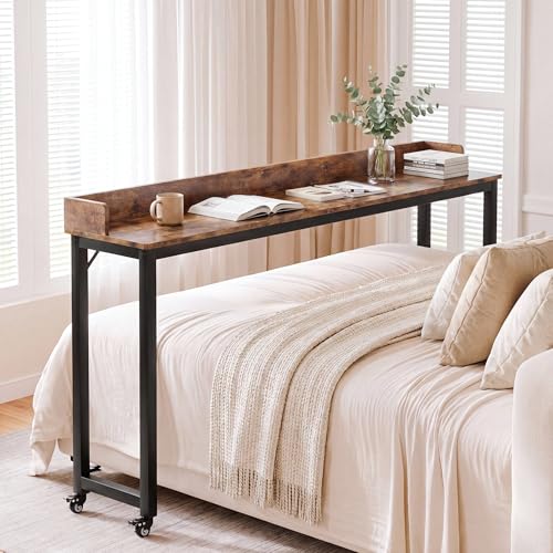 Clevich Overbed Table with Wheels, 16" D x 71" W x 41" H Mobile Bed Desk | Queen Full Size Mobile Computer Desk with eavy Duty Metal Leg, Standing Laptop Cart, for Bedroom, Living Room - color: Brown