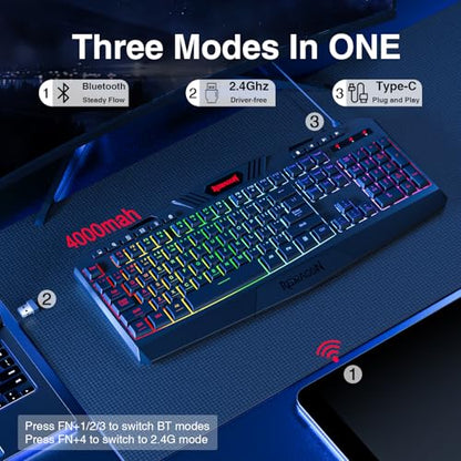 Redragon K503 Wireless Gaming Keyboard, 3-Mode (2.4G/BT/USB), RGB LED Backlit, Multimedia Keys, Fully Programmable Silent Membrane Keyboard with Wrist Rest for Windows PC Games (Black) - color: Blue-Black