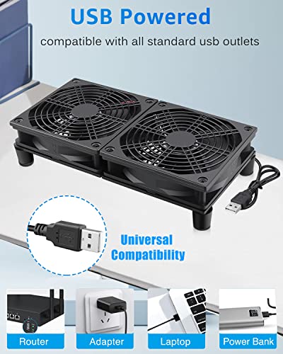 GDSTIME 240mm Router Fan Cooler with L/M/H Speed Control DC 5V USB Powered | Quiet Dual 120mm USB Computer Fan, for Router, Modem, Receiver, DVR, PlayStation, Xbox, Amplifier, Laptop, AV Cabinet Cooling
