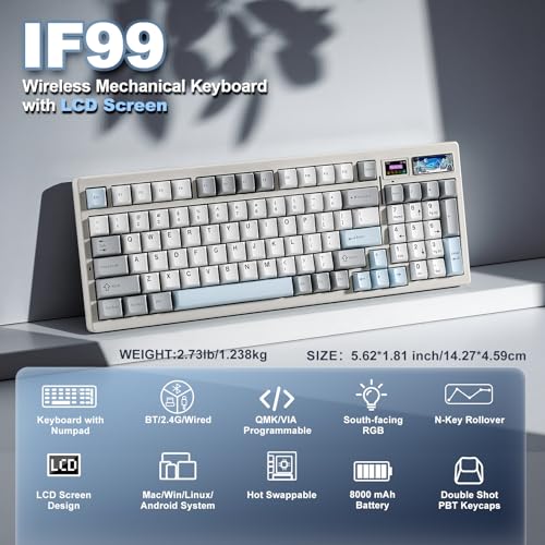YUNZII IF99 96% Wireless Mechanical Keyboard (White, Gateron Zero Switch) | QMK/VIA Keyboard with LCD Display,Custom Magnetic Badge,8000mAh Battery,Hot Swap Gasket,RGB,for Gaming/Mac/Win - color: White, size: Gateron Zero Switch