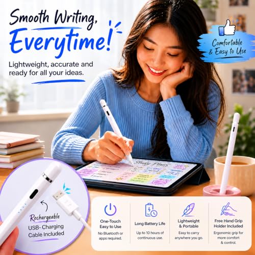 Stylus Pen Pencil 1st Generation Gen Replacement for Apple iPad Pro 1st iPad 1st 2nd 3rd 4th 5th iPad Mini 1 2 3 4 iPad Air 1st 2nd iOS Android Capacitive Tablet Touch Screen + Free Holder (White) - color: White