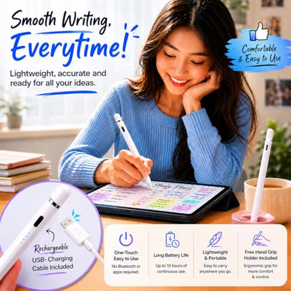 Stylus Pen Pencil 1st Generation Gen Replacement for Apple iPad Pro 1st iPad 1st 2nd 3rd 4th 5th iPad Mini 1 2 3 4 iPad Air 1st 2nd iOS Android Capacitive Tablet Touch Screen + Free Holder (White) - color: White