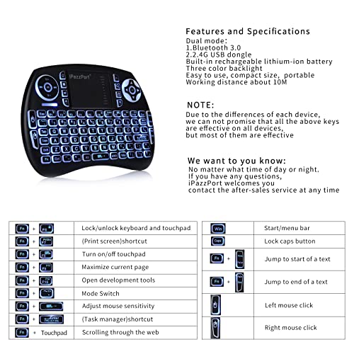 iPazzPort (Upgrade Mini Bluetooth Keyboard with Touchpad Handheld, Backlit Mini Wireless Keyboard with 2.4G USB Dongle for Android TV Box/FireStick/Laptop/PC 21SM