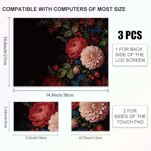 3Pcs Red Flowers Laptop Skin Sticker Plants Universal Removable Vinyl Stickers Fits for 12.1 13 14 15.6 16 Inch Waterproof Notebook Decal Cover Gift for Woman - color: Black and Light Pink