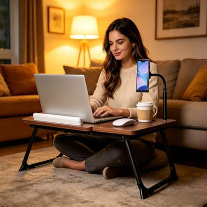 Foldable Lap Desk for Bed and Sofa, Portable Laptop Desk with Gooseneck Phone Stand, Cup Holder & Mouse Pad Extension, Extra Large Bed Desk Tray fits up to 17" Laptops (Walnut) - color: Walnut