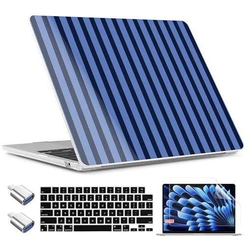 TWOLSKOO for MacBook Air 15 inch Case 2026 2025 2024 2023 Release M5 A3448 M4 A3241 M3 A3114 M2 A2941, Plastic Hard Shell & Screen Protector & Keyboard Cover & Type C Adapter, Dark Blue Stripes - color: Dark Blue Stripes
