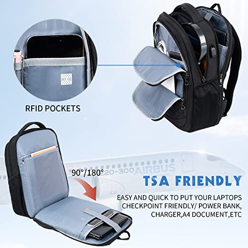 KROSER Travel Laptop Backpack 17 Inch Large Computer Backpack Black | Water-Repellent Daypack, USB Charging Port, RFID Pockets, for Work/Business/College/Men/Women, Quilted - color: Quilted Black