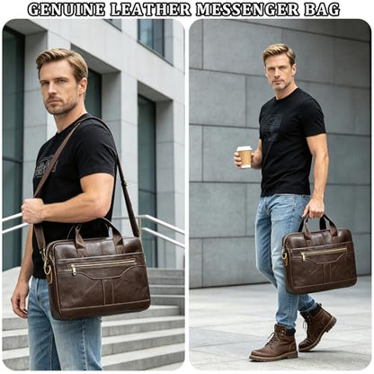 Leather Laptop Bag for Men Briefcase Fits 15.6 Inch Notebook Portable Shoulder Messenger Crossbody Bag for Travel Office - color: 17coffee