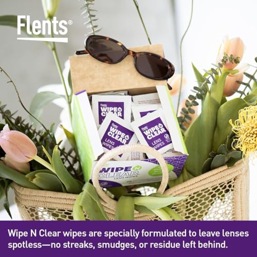 Flents Wipe N Clear Lens Wipes, 25 Count, Assorted Box Patterns for Glasses, Sunglasses, and Camera Lenses, Streak-Free, Anti-Fog, Portable Cleaning Cloths, Individually Wrapped, Pocket Sized | Safe for Glasses, Sunglasses, Gentle Cleaning, Clear Vision,