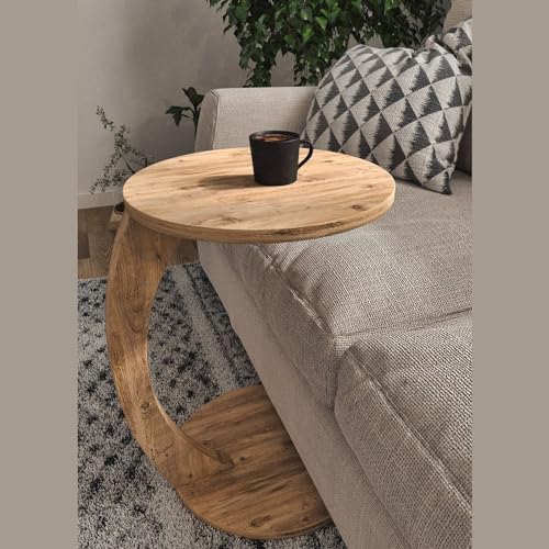 C Shaped End Table for Couch Small Places, Space Saver Round Side Table for Sofa and Bedside with Wheels, Coffee and Eating Snack Time Tray for Living Room, Office (Natural) - color: Natural