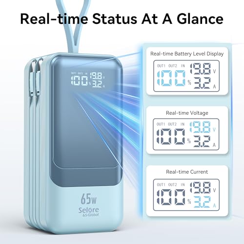 Fast Charging Power Bank 18400mAh 65W Portable Laptop Charger, LED Display, Travel Essential Battery Pack with Built-in USB-C & Lightning Cables for iPhone 16/15/14/13/12 MacBook Samsung - color: Blue