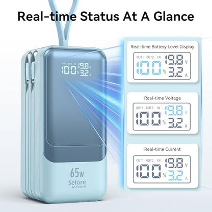 Fast Charging Power Bank 18400mAh 65W Portable Laptop Charger, LED Display, Travel Essential Battery Pack with Built-in USB-C & Lightning Cables for iPhone 16/15/14/13/12 MacBook Samsung - color: Blue