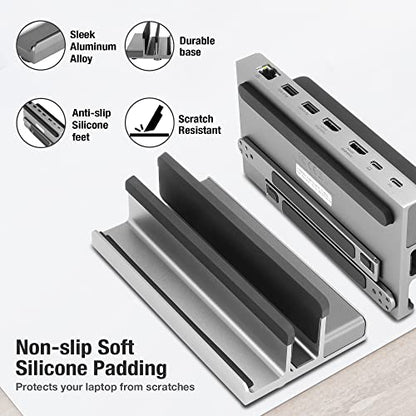 7 Port USB-C 14” Laptop Stand with Dual Display Docking Station | Tablet Holder Hub, Vertical Storage Desk Organizer/ HDMI 8K30Hz, USB-A 5Gbps, Ethernet 1Gbps, 100W Power Delivery, Space Gray