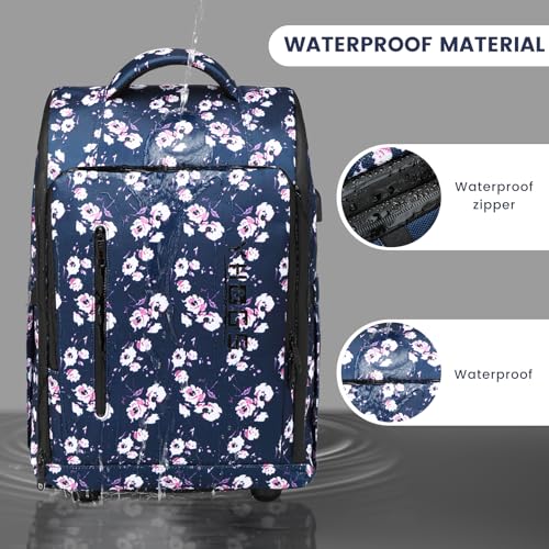 Rolling Backpack Waterproof Commuter Backpack with Wheels for Business, Laptop Compartment for 15.6-Inch Laptop, Wheeled Carry-On Bag for Adults - color: Blue flower