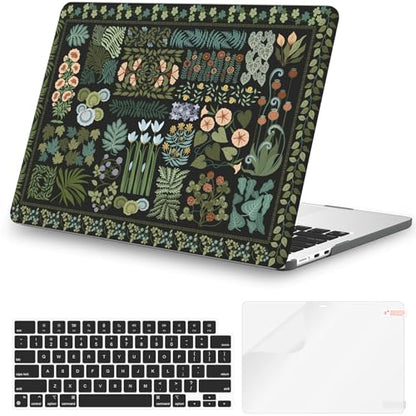 iCasso for MacBook Air 13.6 inch Case M5 2026 M4 2025 M3 M2 2024-2022 Model A3449 A3240 A3113 A2681, Flower Pattern Sturdy Protective Hard Shell Cover for Mac Book Air 13 inch, Black Plant - color: Black Plant