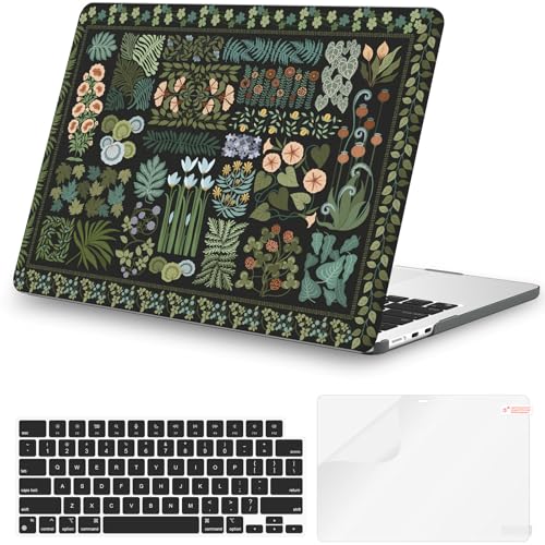 iCasso for MacBook Air 13.6 inch Case M5 2026 M4 2025 M3 M2 2024-2022 Model A3449 A3240 A3113 A2681, Flower Pattern Sturdy Protective Hard Shell Cover for Mac Book Air 13 inch, Black Plant - color: Black Plant