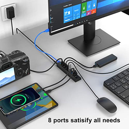 RAOYI Powered USB 3.0 Hub, 8 Ports High Speed USB 3.0 Hub Splitter with 36W Power Adapter, 3.3ft Cable and Smart Fast Charger USB Hub for Laptop, PC, Mobile HDD, Mulitple Devices (Black) - size: Black, style: 8-Port 36W Trapezoid
