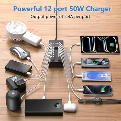 Multi USB Charger USB C Charging Station Block 50W 12 Ports Multiple USB C Hub USB Charging Strip for iPhone 13/14/15/16/Smartphone/Tablet - size: 50W 12 Port B