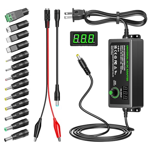 Belker 3V-24V 3A Universal Power Supply 72W Adjustable AC Adapter | Variable 3V 5V 9V 12V 18V 20V 24V Power Adapter with 13 Tips, Polarity Converter and Alligator Clip for LED Strip Speaker DIY - size: 72w 3-24v