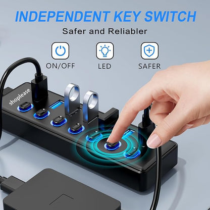 USB 3.0 SuperSpeed Hub with 1M Line, 7 Ports Splitter with Individual Power Switches and LED Light