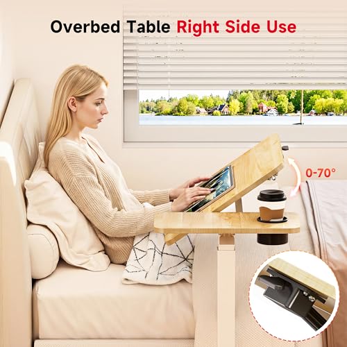 Okin Overbed Bedside Table with Wheels, Adjustable Medical Tilt Top Hospital Bed Table Over The Bed, Rolling Desk Mobile Standing Desk for Hospital Home Use (Maple) - color: Maple