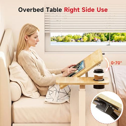 Okin Overbed Bedside Table with Wheels, Adjustable Medical Tilt Top Hospital Bed Table Over The Bed, Rolling Desk Mobile Standing Desk for Hospital Home Use (Maple) - color: Maple