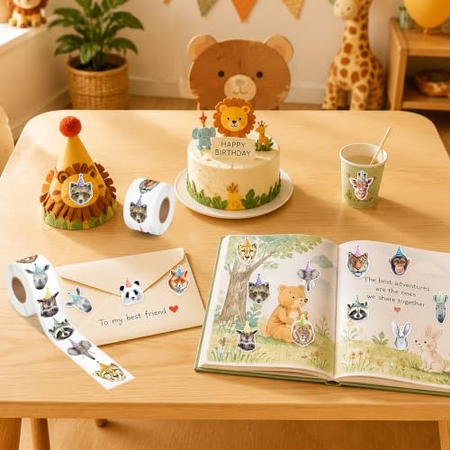 CNhoqc Realistic Style Birthday Animal Sticker Rolls, 2000Pcs, 14 Designs | Self Adhesive, Waterproof Vinyl, Page Activity Pad, Scrapbooking Supplies, Goodie Bag, Birthday Party, Greeting Card Making - style: 4 Rolls Realistic Style Birthday Animal