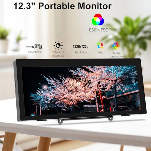 12.3 Inch IPS Stretched Bar LCD Travel Display 1920 * 720 Secondary Monitor, HDMI USBC, Mini Portable Monitor Metal Material for Laptop Computer Windows Aida64 GPU CPU RAM Monitoring,Built-in Speaker