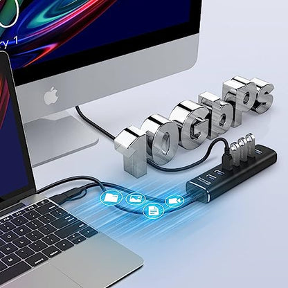 Powered USB Hub, Rosonway 7 Ports USB 3.1/3.2 Gen 2 Hub 10Gbps with 3.3ft USB-A/USB-C Data Cable, Individual Switches and 24W Power Adapter, Aluminum USB C Hub for Laptop and PC, RSH-A107