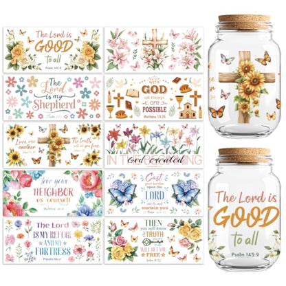 UV DTF Cup Wraps Transfer Stickers Bible and Flowers Pattern, 10 Sheets Waterproof Custom Vinyl Transfer Sticker 16oz Coffee Glass Cup Tumbler Bottle Mug Decals for Men Women | Waterproof UV DTF Stickers, Custom Vinyl Decals for 16oz Coffee Cups Tumblers