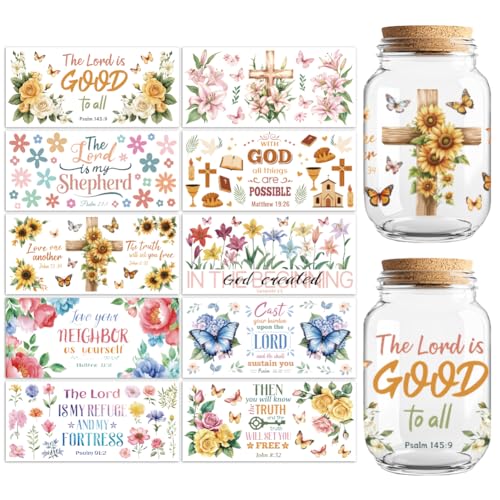 Peacoblue UV DTF Cup Wraps Transfer Stickers Bible and Flowers Pattern, 10 Sheets Waterproof Custom Vinyl Transfer Sticker 16oz Coffee Glass Cup Tumbler Bottle Mug Decals for Men Women - style: Bible and Flowers